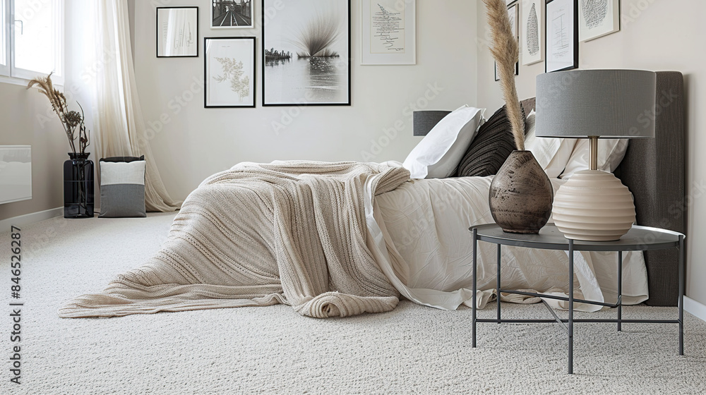 Wall mural vase on metal table and grey lamp in spacious bedroom. generative ai