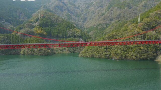 Drone over Oda Dam Bridge in Japan