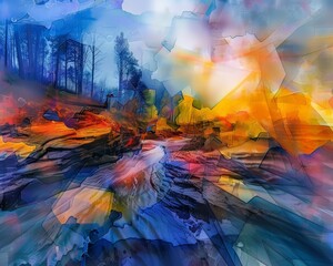 Capture the essence of a panoramic view in abstract art with a twist of wilderness camping Utilize unexpected camera angles to bring a new perspective to the serene landscape