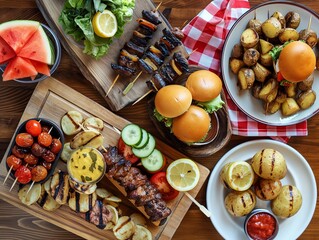 A vibrant spread of grilled skewers, burgers, roasted potatoes, watermelon slices, and fresh vegetables on wooden boards and plates. - Powered by Adobe