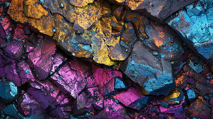 A macro shot of iridescent mineral rocks with vibrant colors of purple, blue, gold, and orange