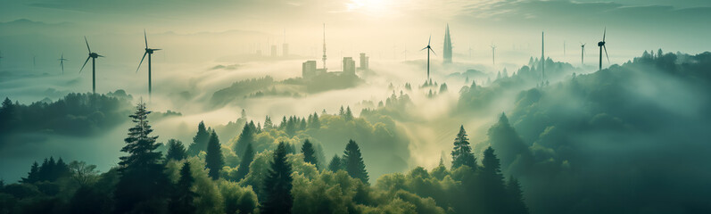 Fototapeta premium Wind turbines standing in natural park in the morning fog. Green energy concept. Arial view.