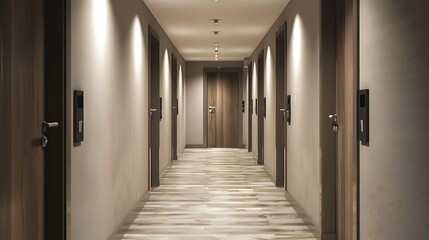 Rows of room door in the modern hotel hallway