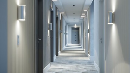 Rows of room door in the modern hotel hallway
