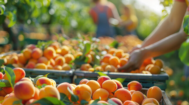 caisse d'abricots dans un verger au moment de la r&eacute;colte