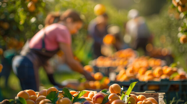 caisse d'abricots dans un verger au moment de la r&eacute;colte