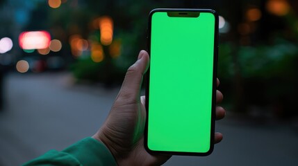 smartphone with a green screen held in a person's hand