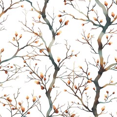 Watercolor painting of tree branches with buds on a white background. Seamless pattern.