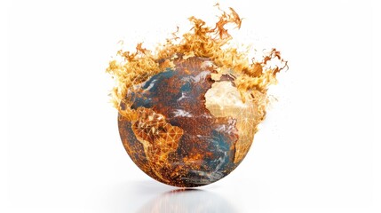 Fototapeta premium burning globe isolated on white background, fire burn object concept for designer. Global warning, climate change concept.