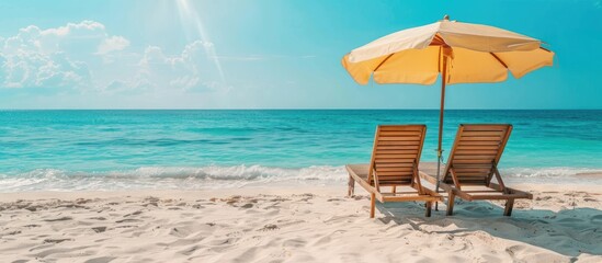 Obraz premium The Beauty of a Sandy Beach with Lounge Chairs by the Sea: Embracing the Essence of Summer Vacation in a Tropical Paradise
