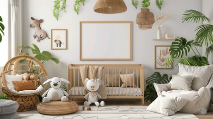 Large blank photo frame in a contemporary nursery with modern design elements