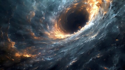 A black hole is shown in the center of a swirling cloud of gas and dust