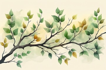 Watercolor painting of a tree branch with green and yellow leaves on a pastel background.