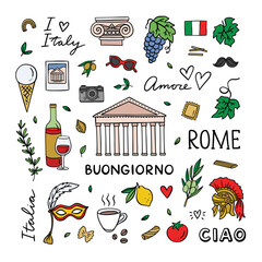 Vector Italy set. Cute italian doodles on white background. Hand drawn Italy illustrations: architecture, food, italian flag