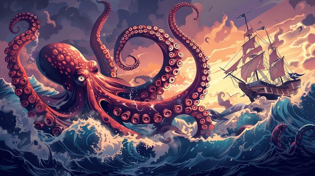 A cartoon illustration of a battle between a giant octopus and a pirate ship in a sea landscape, with the monster sinking the corsair boat amidst waves, a perilous ancient kraken and a broken ship