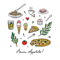 Italy vector clipart. Italian food cute clipart. Pizza, pasta, ice cream doodle style collection