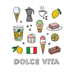 Italian desserts and ice cream illustrations. Hand drawn vector Italy food set. Gelato, coffee, cakes