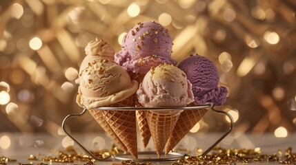 Fototapeta premium Luxurious Ice Cream Cones with Golden Sprinkles