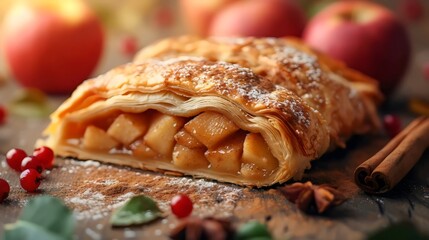 A piece of apple pie with cinnamon on top