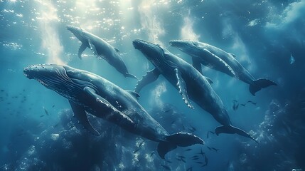 Fototapeta premium Majestic Pod of Graceful Humpback Whales Diving into Crystal Clear Ocean