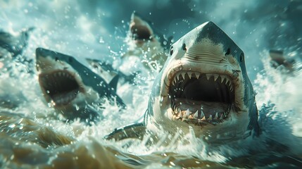 Ferocious Sharks in Frenzied Underwater Hunt Jaws Agape with Razor Sharp Teeth