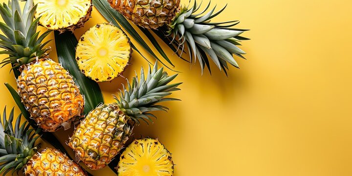 Pineapple on yellow background, pineapple in section, creative, background, wallpaper.