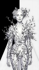 Black and White Beautiful Line Art Floral Woman