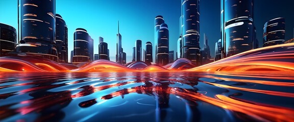 Futuristic cityscape with vibrant colors and flowing waves. Generative AI