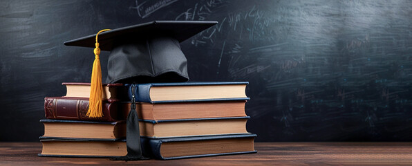 Graduation cap on stack of books, Graduation cap on black board background, Education or Graduation concept, Design template for Poster, Web banner, Brochure, Card with copy space
