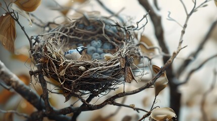 Intricate Watercolor Painting of a Blue Jay s Nest with Delicate Twigs and Soft Feathers