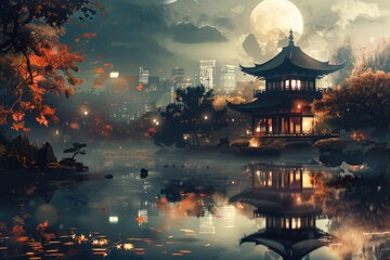 Obraz premium At night, pagodas and pavilions in the city, illustrations