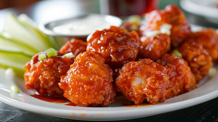 Boneless chicken wings in buffalo and BBQ sauce are a perfect combination for those who like the combination of spicy and delicate.