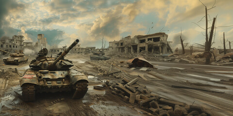 A photorealistic illustration of a tank advancing through a war-torn landscape, with rubble, destroyed structures, and other military vehicles visible in the background 