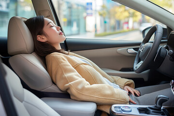 Peaceful young woman reclines in the driver's seat, eyes closed, enjoying a moment of relaxation in a parked car