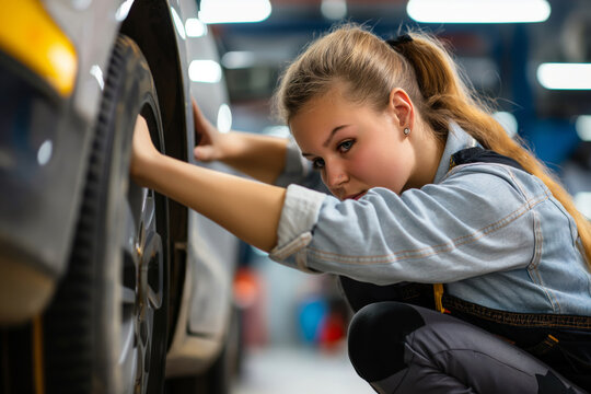 Young female mechanic attentively adjusts the wheel alignment of a car in a modern automotive repair shop, showcasing skill and precision - Powered by Adobe