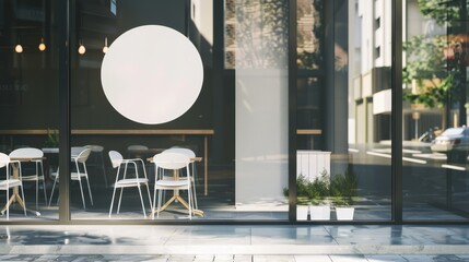 Cafe exterior with a round blank sign and large windows showing indoor seating area, 