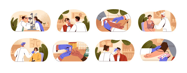 Fototapeta premium Doctors take tests set. Medics do analysis in laboratory. Nurse measures blood pressure, temperature. Ophthalmologist checkup vision of patient. Flat isolated vector illustrations on white background