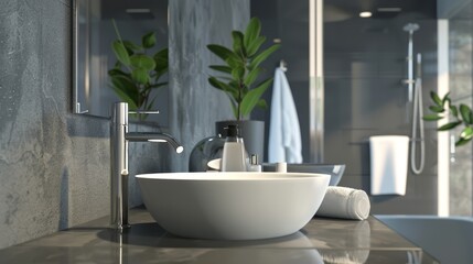Fototapeta premium Grey modern hotel bathroom interior with sink and accessories on counter closeup