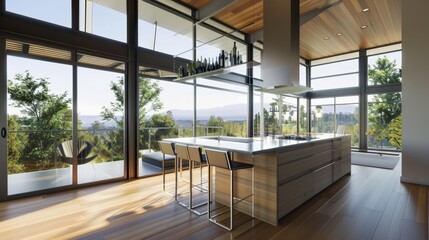 Modern home kitchen interior with bar island and sink, panoramic window