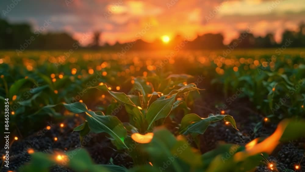 Poster a close-up view of a cornfield at sunset, with the suns rays creating a warm bokeh effect.