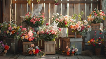Naklejka premium Dreamy Rustic Countryside Ambiance for Enchanting Woodland Wedding Decor