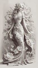 Naklejka premium Black and White Beautiful Line Art Floral Woman