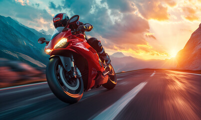 A motorcyclist in a protective red leather suit and helmet rides a sports motorcycle. A biker rides along the road against the backdrop of sunset.