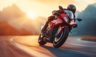 A motorcyclist in a protective red leather suit and helmet rides a sports motorcycle. A biker rides along the road against the backdrop of sunset.