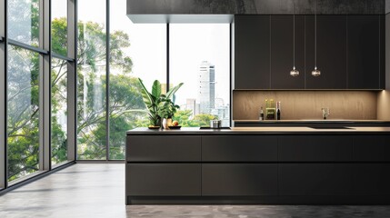 Stylish home kitchen interior with bar island and cabinet, window. Mockup wall