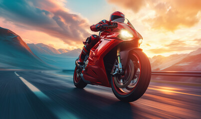 A motorcyclist in a protective red leather suit and helmet rides a sports motorcycle. A biker rides along the road against the backdrop of sunset.