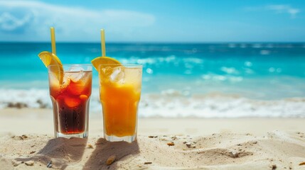 Two glasses of iced drinks on a sandy beach with blue ocean waves in the background, summer vacation concept 