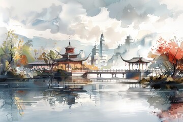 Obraz premium At night, pagodas and pavilions in the city, illustrations