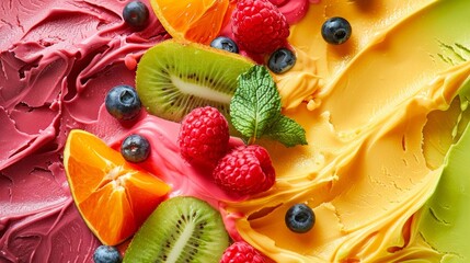 A colorful display of tropical fruitinfused gelato tempting tastebuds with its vibrant appearance.