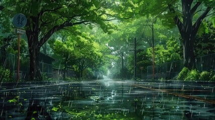 In the style of manga anime, illustrate streets flanked by lush trees in the midst of rainy weather
